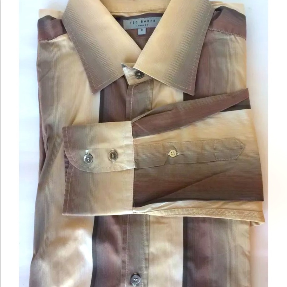 Ted Baker Men Dress Shirt Sz 6 Brown Striped Long Sleeve Cotton Blend